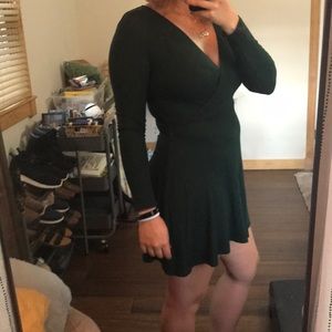 Green Ribbed Faux Wrap Top Long Sleeve Dress